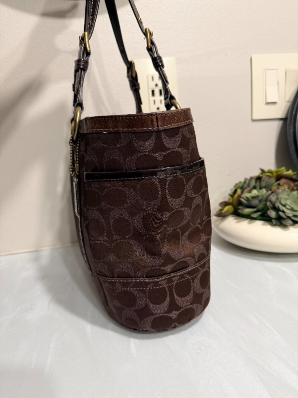 Dark Chocolate Brown Coach Signature Studded Lurex Tote Bag - Picture 5 of 14